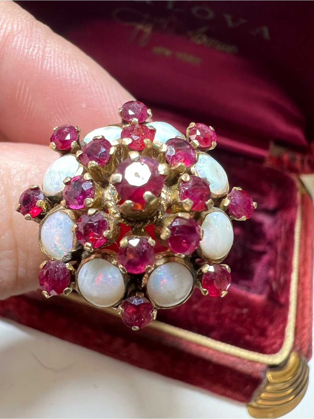 Large vintage 14K yellow gold rubies and opals cluster ring